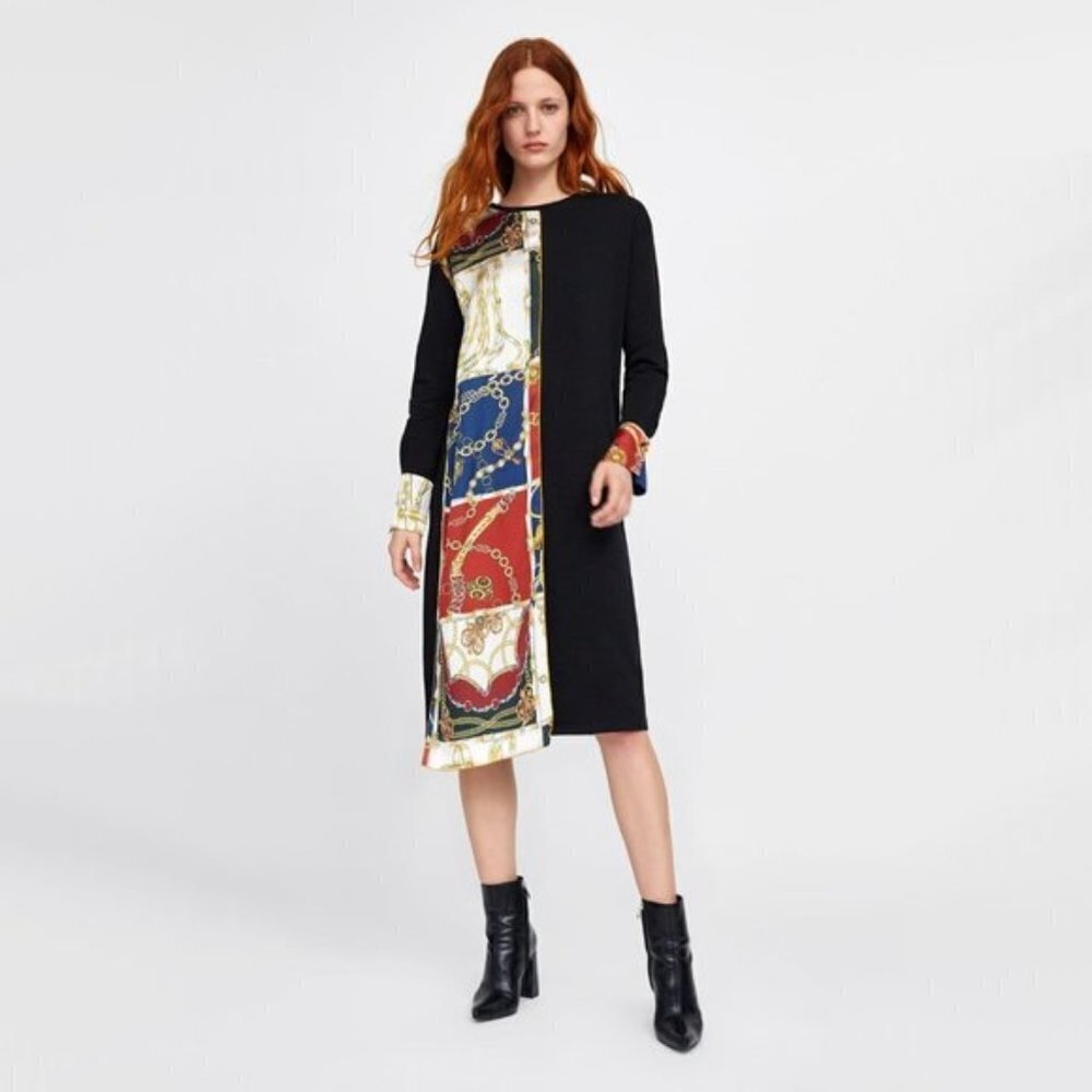 EUC Zara black & contrast chain print accent dress, L